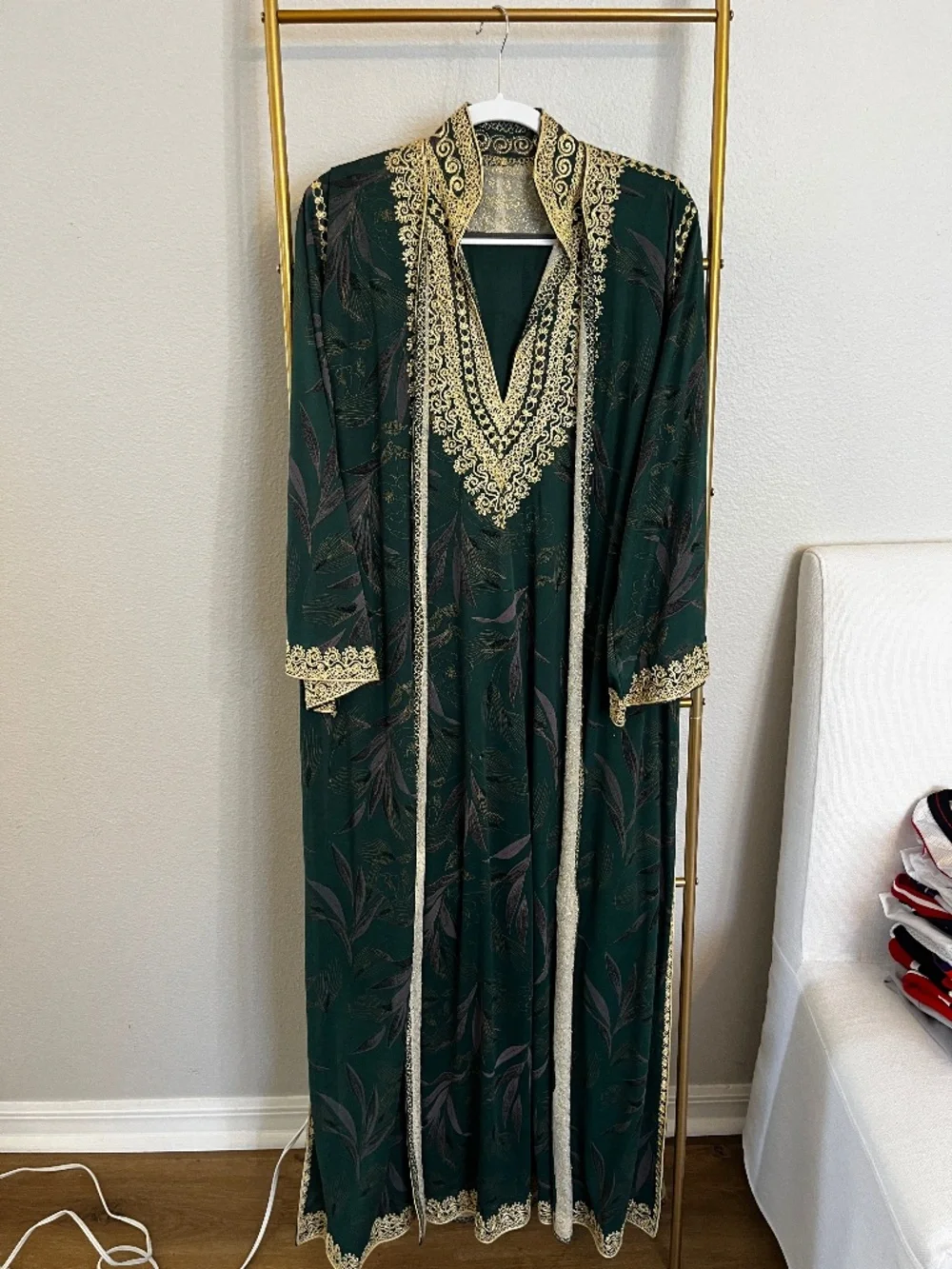 Vintage Emerald Green Embroidered 3 Piece Kaftan Set Maxi Dress Robe Scarf